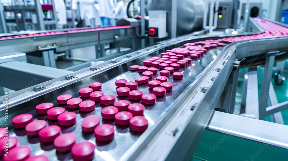 Fototapeta premium Industrial pharmaceuticals with colourful capsules on conveyor belt