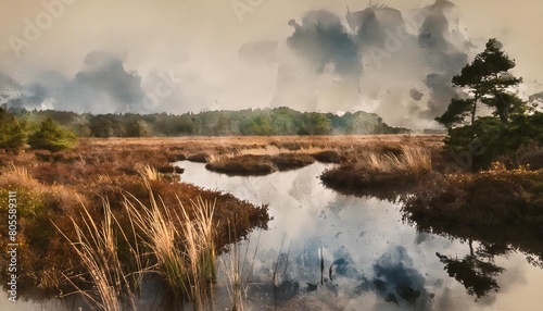 watercolour painting of the marsh landscape a picturesque wetland environment in soft natural harmonious colours © Charlotte