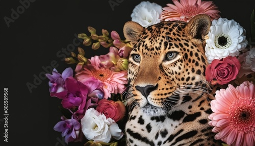 a painting of a leopard surrounded by flowers on a black background with a black background and a black background generative ai