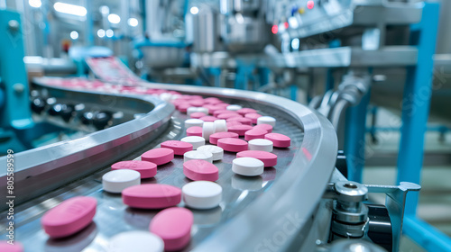 Industrial pharmaceuticals with colourful capsules on conveyor belt