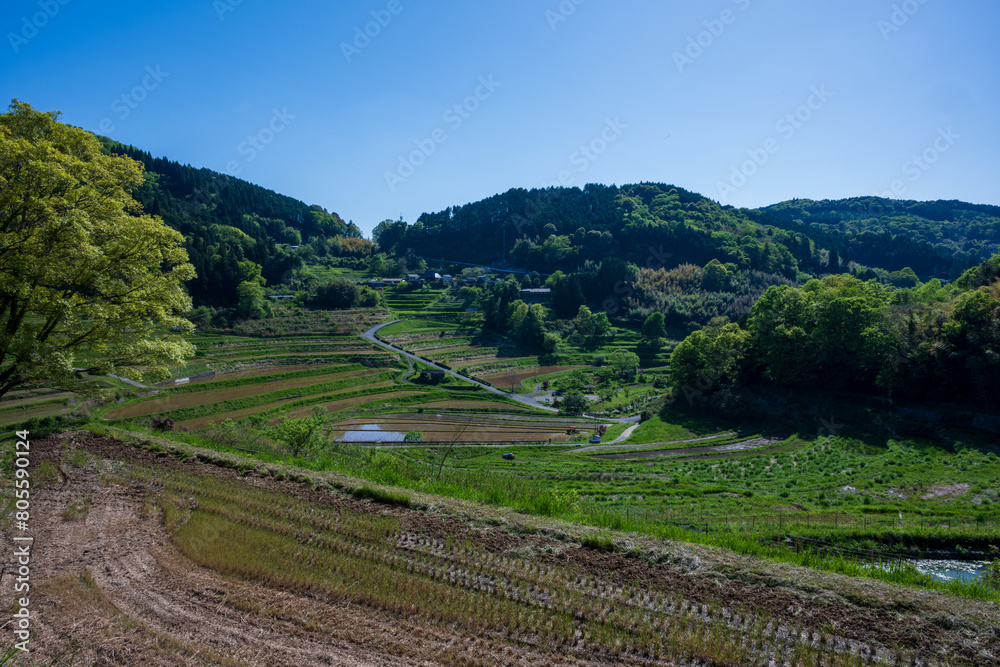 日本の岡山県美咲町の棚田の美しい風景