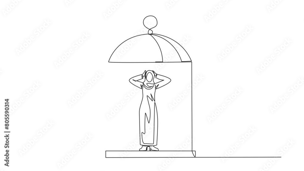 Self drawing animation of continuous line drawing Arab businesswoman trapped in cage standing frustrated holding head. Anxiety causes cannot to move freely. Imprisoned. Full length animated. Self drawing animation of continuous line drawing Arab businesswoman trapped in cage standing frustrated holding head. Anxiety causes cannot to move freely. Imprisoned. Full length animated.