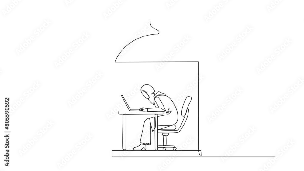 Self drawing animation of continuous line drawing Arabian businesswoman trapped in cage working on laptop. Plan to take annual leave to get away from routine. Workaholic. Full length animated Self drawing animation of continuous line drawing Arabian businesswoman trapped in cage working on laptop. Plan to take annual leave to get away from routine. Workaholic. Full length animated