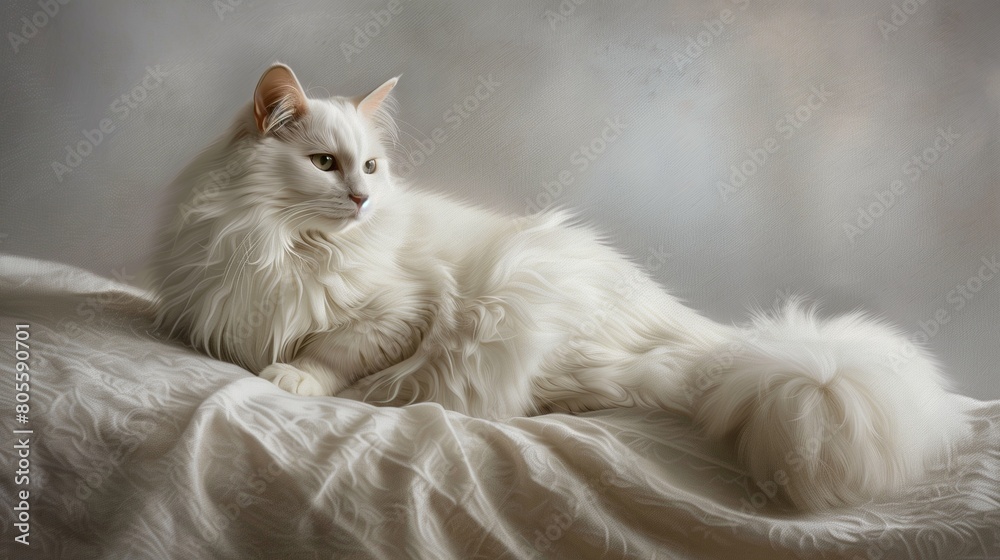 Serene Portrait of a White Tomcat on a Soft Grey Canvas, Highlighting Its Calm Demeanor and Flawless Fur