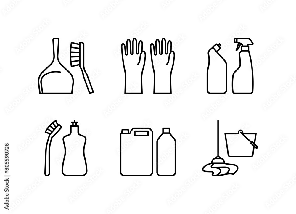 Cleaning and housework accessories icons. Housekeeping supplies - detergent in bottles, cleaner, dustpan, brush, gloves, cleaning products. Linear illustrations, icon sheet, editable strokes Cleaning and housework accessories icons. Housekeeping supplies - detergent in bottles, cleaner, dustpan, brush, gloves, cleaning products. Linear illustrations, icon sheet, editable strokes