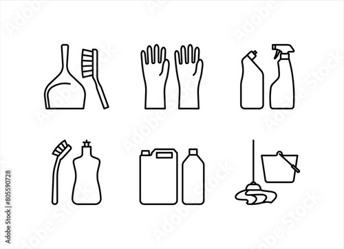 Cleaning and housework accessories icons. Housekeeping supplies - detergent in bottles, cleaner, dustpan, brush, gloves, cleaning products. Linear illustrations, icon sheet, editable strokes