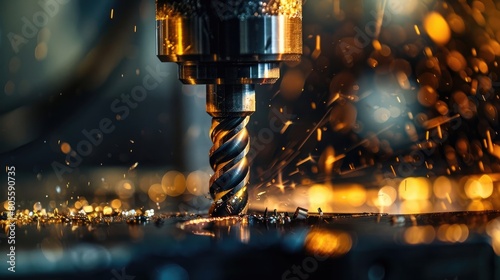 A detailed close-up of a drill bit boring into a piece of metal, the precision and power of the machine.