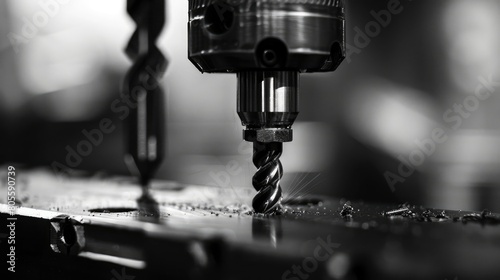 A detailed close-up of a drill bit boring into a piece of metal, the precision and power of the machine.