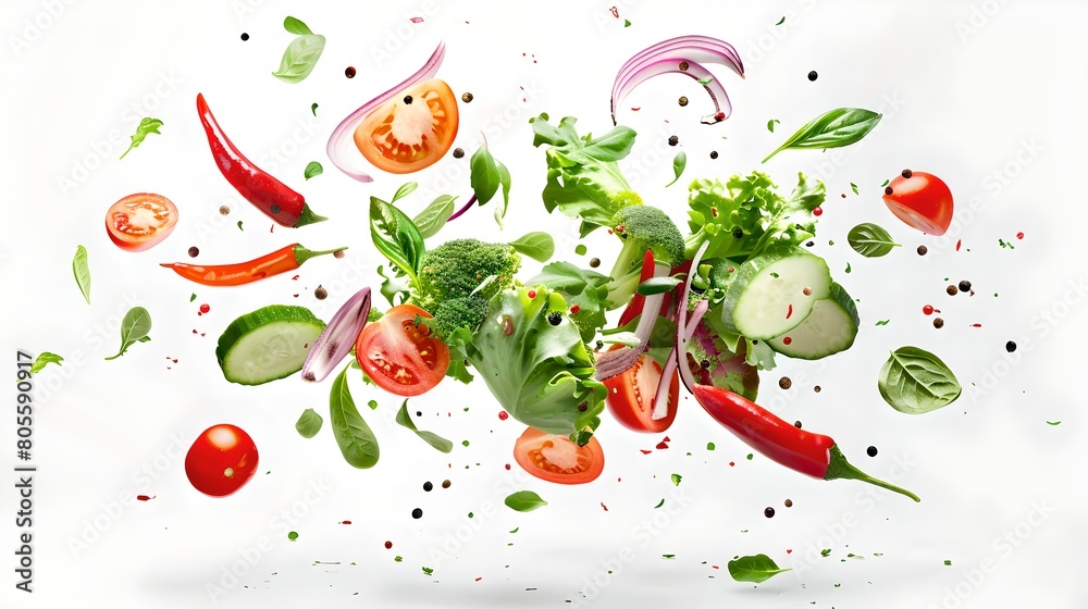 Floating fresh vegetables on white background, dynamic and vibrant kitchen scene with copy space. Healthy eating and cooking concept. Levitation food photography. AI Floating fresh vegetables on white background, dynamic and vibrant kitchen scene with copy space. Healthy eating and cooking concept. Levitation food photography. AI