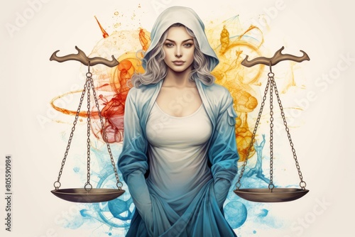 Woman Holding Scale of Justice Against Colorful Background