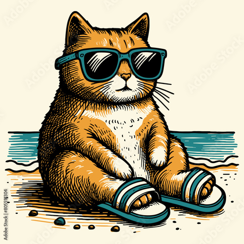 chubby cat wearing slippers and sunglasses on the beach summer illustration © Satoru Sketches
