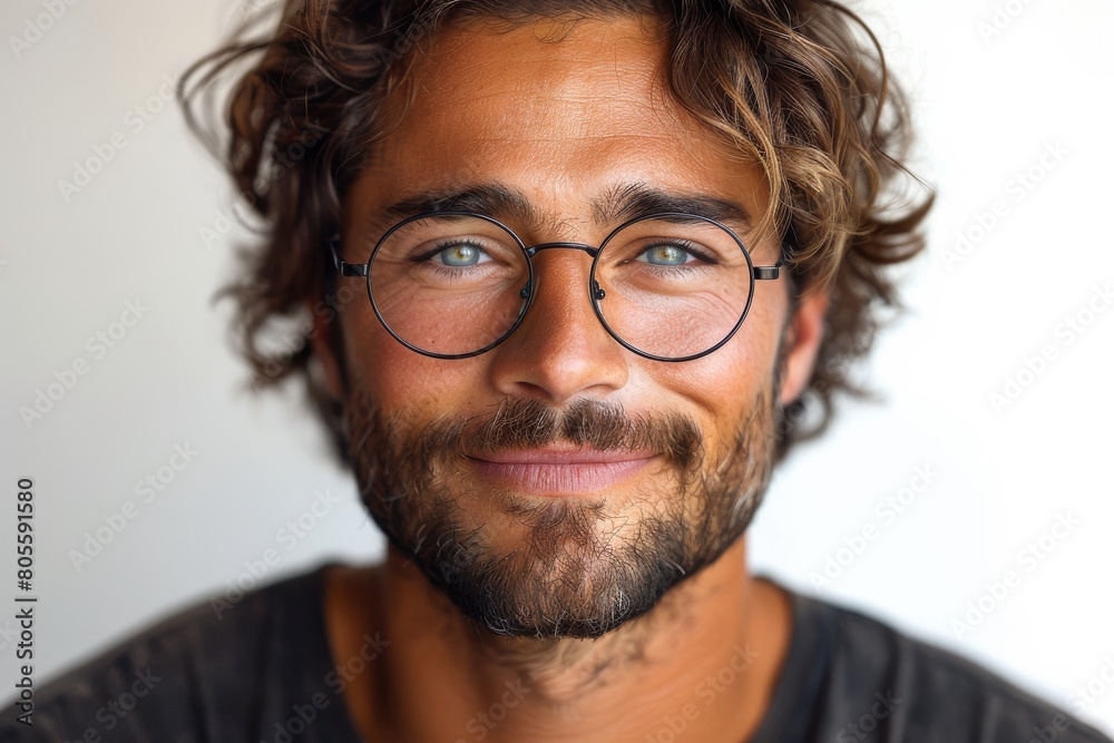 Attractive man with tousled hair, blue eyes, and stylish glasses smiling warmly