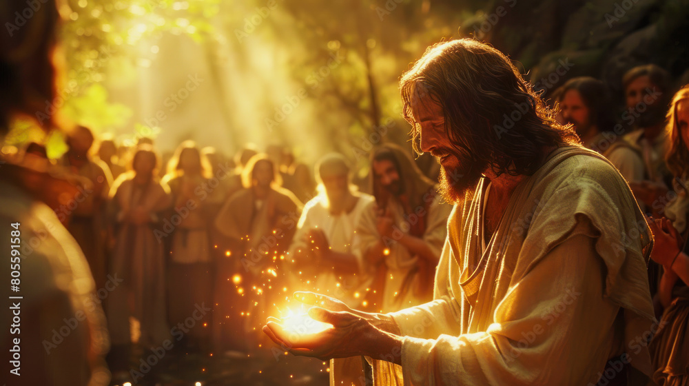 jesus with bright glowing energy in his healing hands