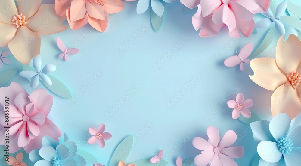 3d paper cut style, pastel color background , flowers around the wordings, white space in center of composition for product display 3d paper cut style, pastel color background , flowers around the wordings, white space in center of composition for product display