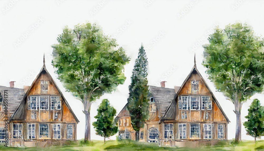 seamless pattern with watercolor old houses and trees illustration for ...