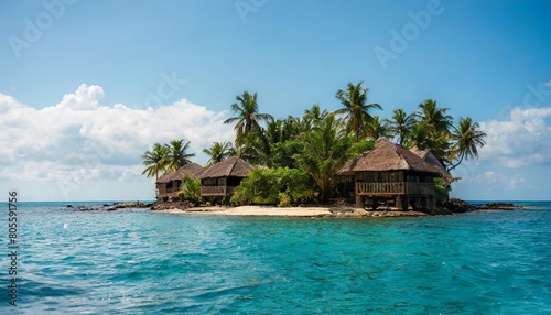 bungalows and palm trees on a tiny tropical island surrounded by blue sea water the concept of a comfortable secluded holiday illustration for cover card postcard interior design decor or print