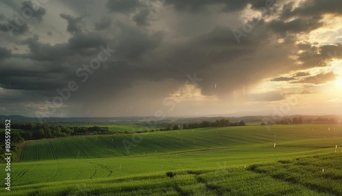 stunning rural landscape with dark sky over fresh green field changing stormy weather in summer countryside pouring rain with sun