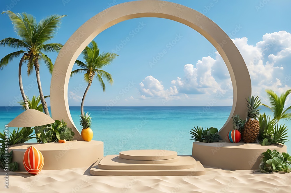 Fototapeta premium Beach podium summer background sand product 3D sea display platform. Beach podium summer banner stand scene sale sky holiday vacation stage water island sun travel pedestal promotion presentation ad.