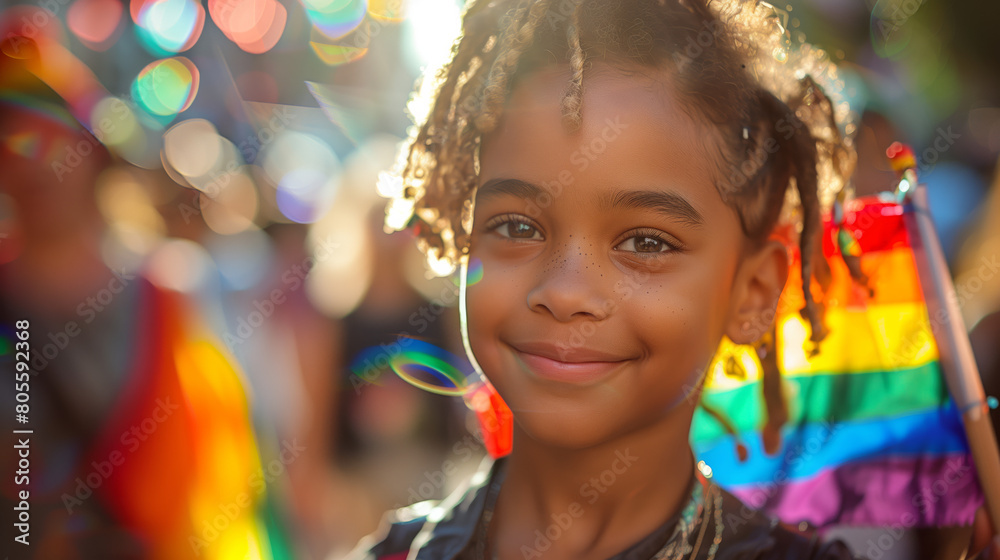 Young girl Joyfully Waves Rainbow Flag at Pride Parade