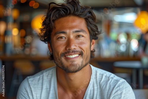 A man with a bright smile features dimpled chin and casually styled hair, with a soft-focus restaurant setting