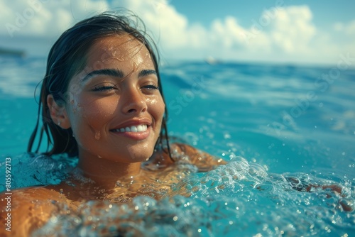 A joyful young woman smiles as she enjoys a swim in the crystal-clear blue waters of the ocean  with sunlit droplets on her skin