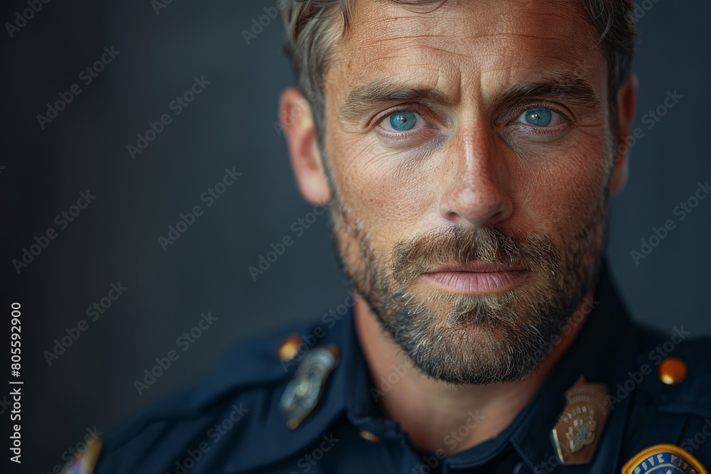 Obraz premium Detailed portrait of a handsome male police officer with intense blue eyes and a thoughtful countenance, captured in close-up