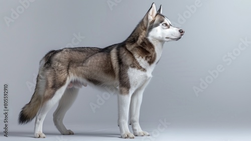 Super Natural Husky Dog Standing on Plain Background  Left Side Reserved for Text