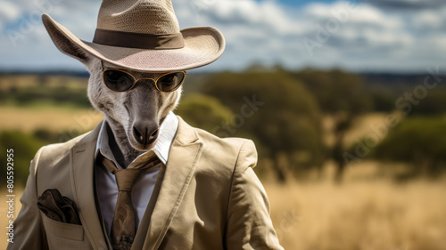 Visualize a debonair kangaroo in a tailored safari suit, accessorized with a pith helmet and binoculars. photo