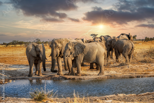 herd of african elephants drinking water at the waterhole at sunset