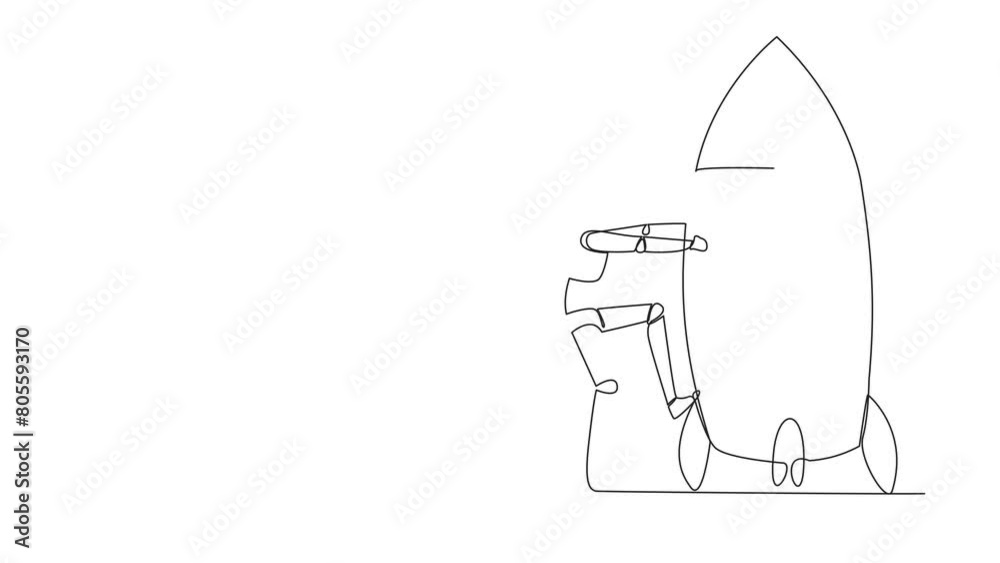 Animation of one line drawing smart robot and rocket. Get ready to ride rocket that will launch. Metaphors bring business success. Continuous line self drawing animated. Full length motion