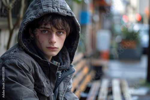 A young male with a serious expression, wearing a hooded jacket, eyes gazing at the camera © Larisa AI
