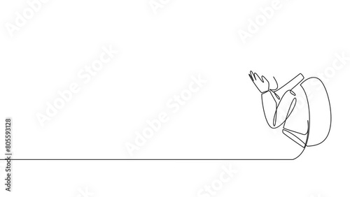 Animation of continuous line drawing astronaut sitting while covering face. An unhappy astronaut bemoans the fate of a business. Failure business. One line self drawing animated. Full length motion photo