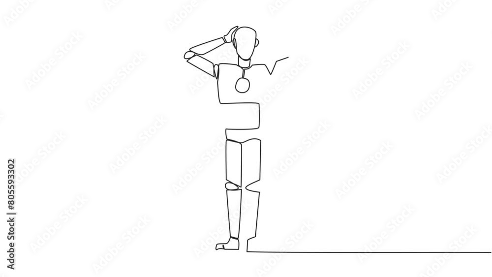 Animation of single line drawing robot standing straight holding head ...