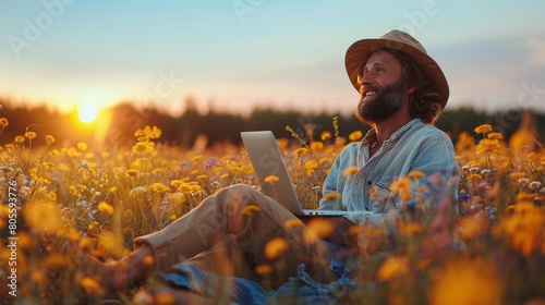 Man Sitting in Field With Laptop