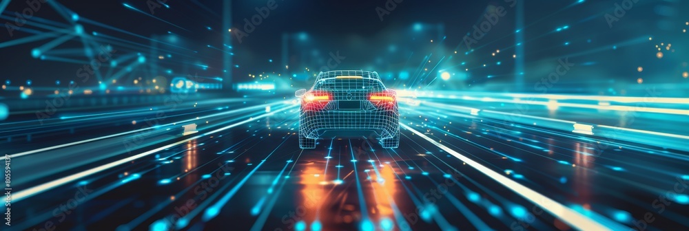 Car on the road with data and technology, driving on an open highway, surrounded by glowing lines and digital icons representing advanced vehicle safety systems. Car on the road with data and technology, driving on an open highway, surrounded by glowing lines and digital icons representing advanced vehicle safety systems.
