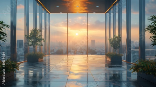 Cityscape Revealed Through Window at Sunset