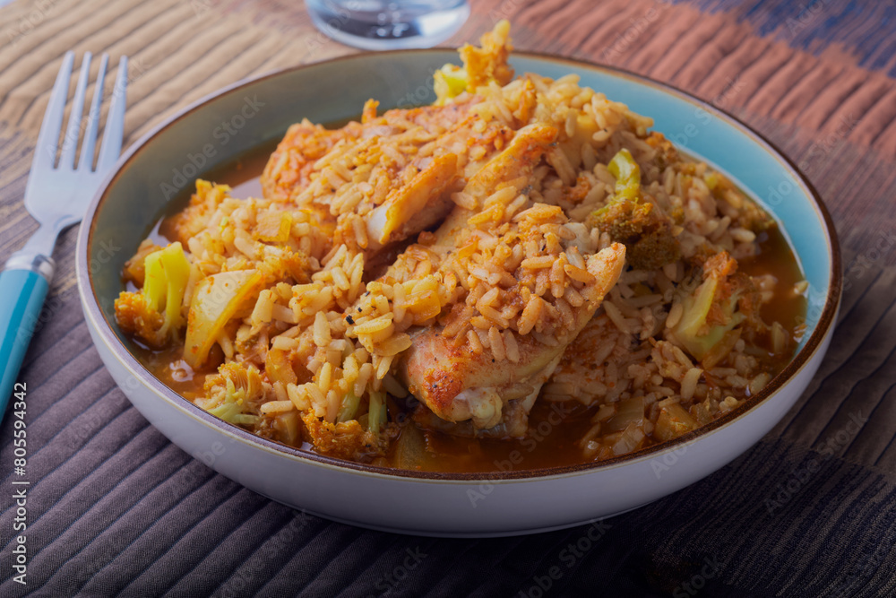 Indian styled fish and vegetable curry and rice. Indian styled fish and vegetable curry and rice.