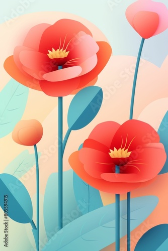 Two Red Flowers With Leaves on Blue and Pink Background