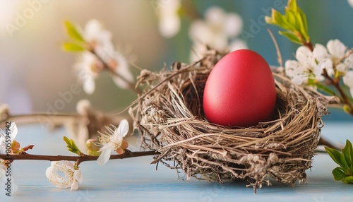 single red easter egg in a bird s nest on blurred blue background with branches happy easter concept for design postcard cover poster horizontal banner