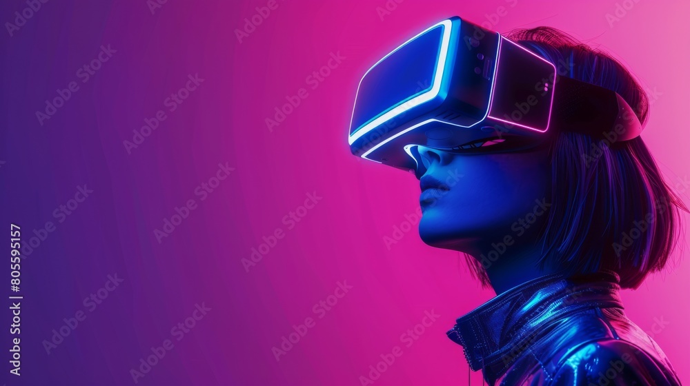 A woman dons a virtual reality headset, immersed in a vibrant, neon-lit setting, showcasing futuristic technology in a visually striking composition. A woman dons a virtual reality headset, immersed in a vibrant, neon-lit setting, showcasing futuristic technology in a visually striking composition.