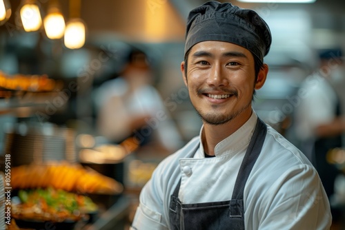 Fototapeta Naklejka Na Ścianę i Meble -  Handsome chef wearing a headband with a content smile in a commercial kitchen setting