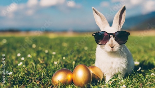 frohe ostern konzept feiertag grusskarte mit deutschem text cooler osterhase kaninchen mit sonnenbrille und gold bemalten ostereiern photo