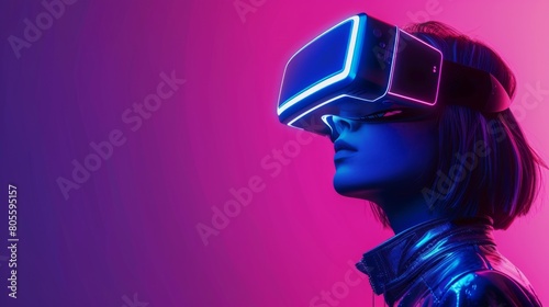 A woman dons a virtual reality headset, immersed in a vibrant, neon-lit setting, showcasing futuristic technology in a visually striking composition.