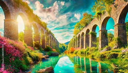 bright and fantastical landscape with majestic aqueducts in a magical world photo