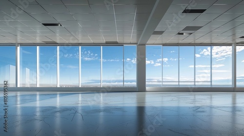 A large  empty room with a blue sky outside