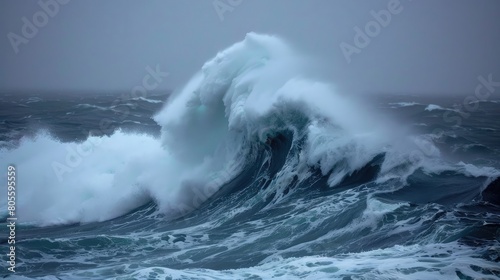 A large wave in the ocean, with the water crashing against the shore