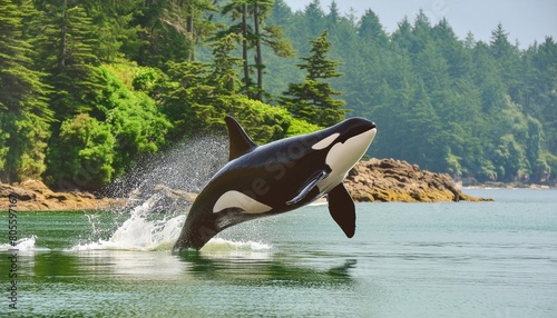 bigg s orca whale jumping out of the sea in cowichan bay vancouver island bc canada photo