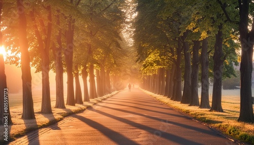 avenue of horse chestnut trees in the warm light of the rising sun photo