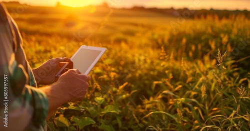 Farmer standing in the middle of his field, holding an iPad and looking at it intently in the sunset light, a closeup shot from behind with depth blur on the background green grasses. photo