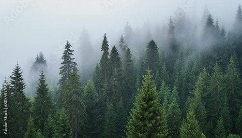 seamless pattern with foggy spruce forest fir trees isolated on white background